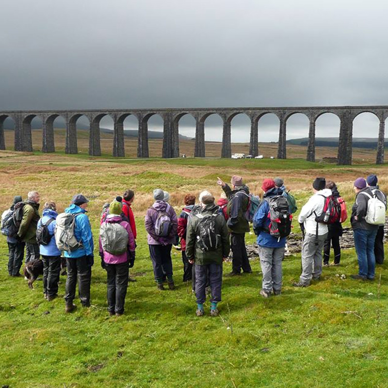 Group of walkers looking at the Ribblehead Viaduct
